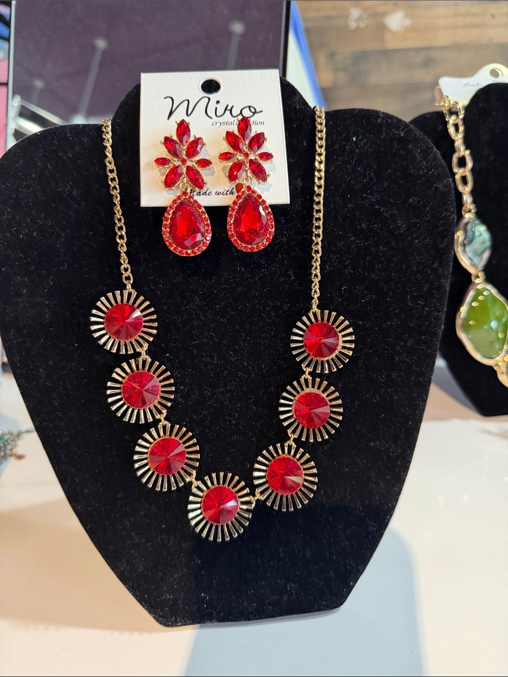 IRO Gold-Tone Necklace and Red Crystal Drop Earrings Set